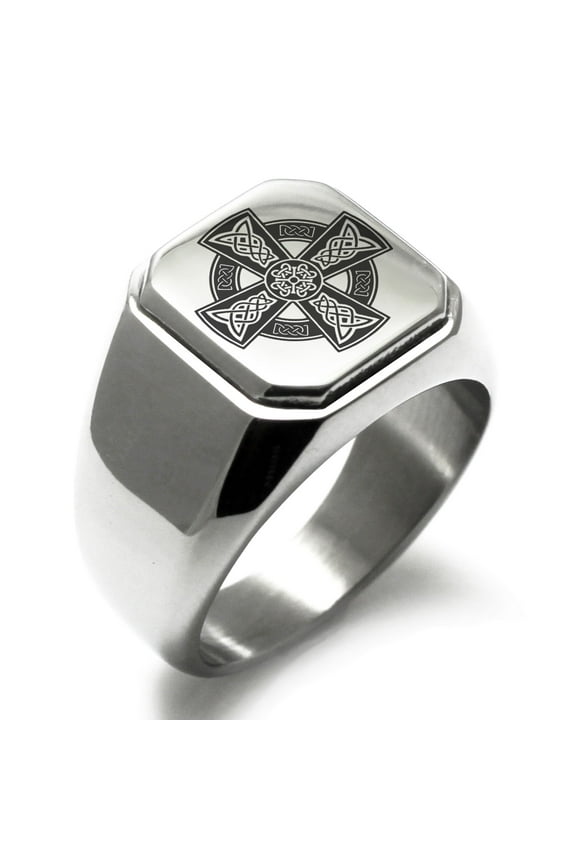Stainless Steel Celtic Cross Rune Knot Engraved Square Flat Top Biker Style Polished Signet Ring