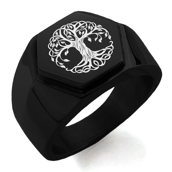 Tioneer Stainless Steel Celtic Knot Tree of Life Engraved Hexagon Crest Flat Top Biker Style Polished Ring