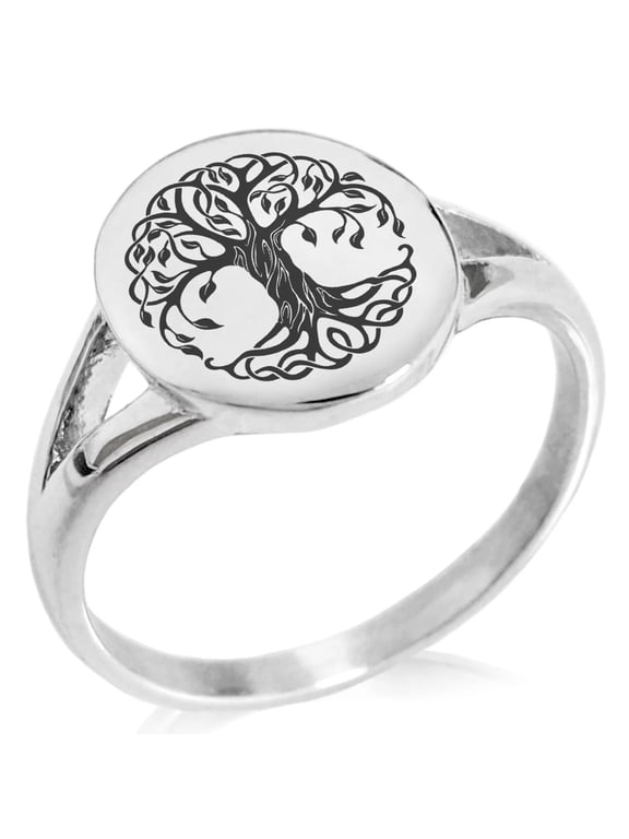 Stainless Steel Celtic Knot Tree of Life Minimalist Oval CZ Top Polished Signet Ring