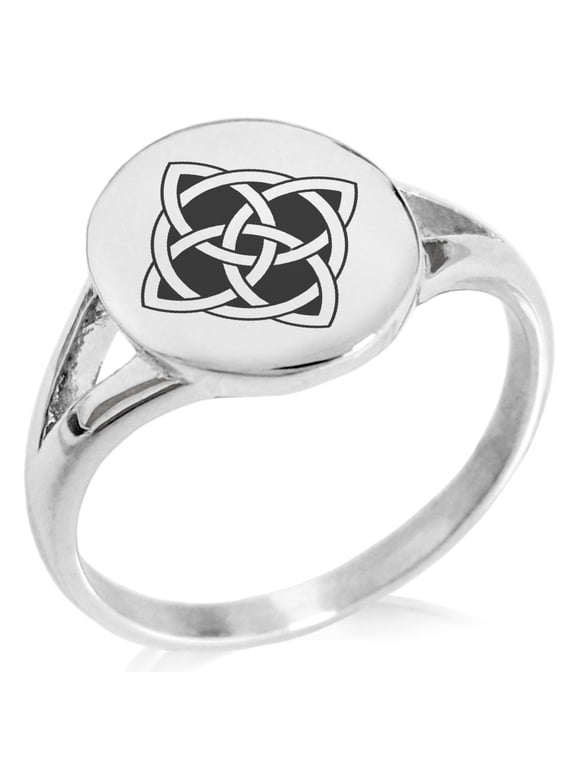 Stainless Steel Celtic Quaternary Cross Knot Minimalist Oval Top Polished Statement Signet Ring
