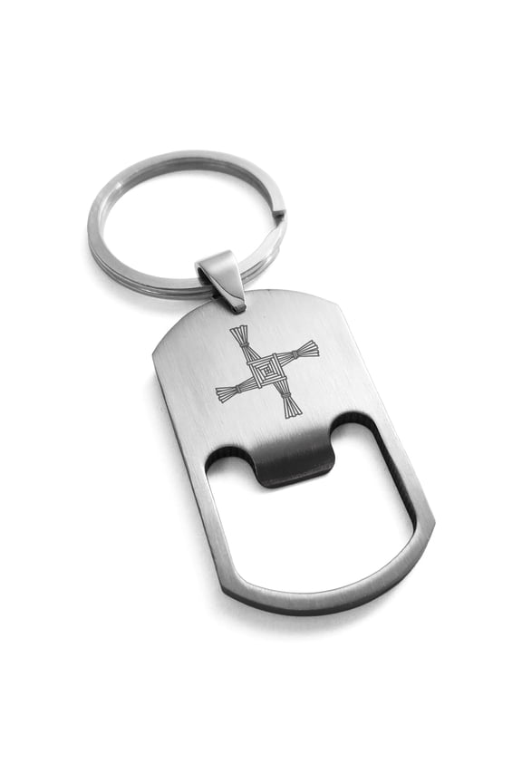 Stainless Steel Celtic Saint Brigid Cross Engraved Bottle Opener Dog Tag Keychain Keyring