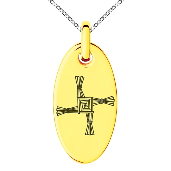 Tioneer Stainless Steel Celtic Saint Brigid Cross Engraved Small Oval Charm Pendant Necklace
