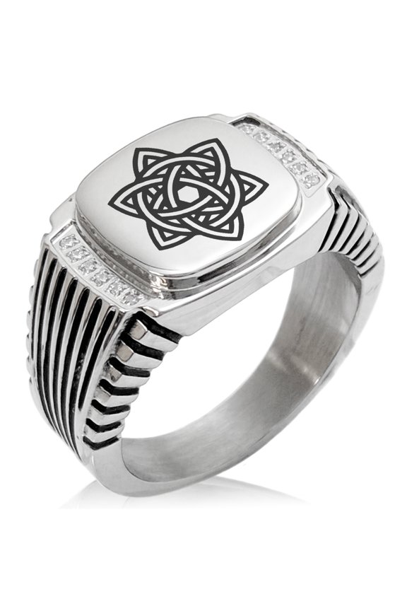 Stainless Steel Celtic Triquetra Eternity Star Knot CZ Ribbed Needle Stripe Pattern Biker Style Polished Ring