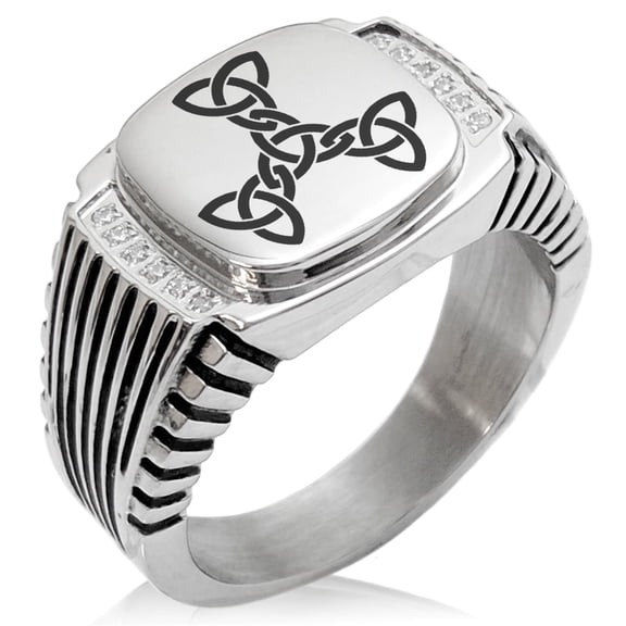 Tioneer Stainless Steel Celtic Triquetra Interlaced Knot CZ Ribbed Needle Stripe Pattern Biker Style Polished Ring