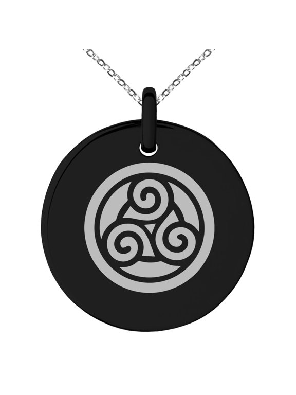 Stainless Steel Celtic Triskele Triskelion Circle Knot Engraved Small Medallion Circle Charm Pendant Necklace