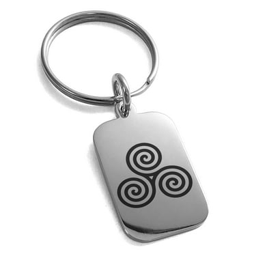 Tioneer Stainless Steel Celtic Triskele Triskelion Triple Spiral Engraved Small Rectangle Dog Tag Charm Keychain Keyring
