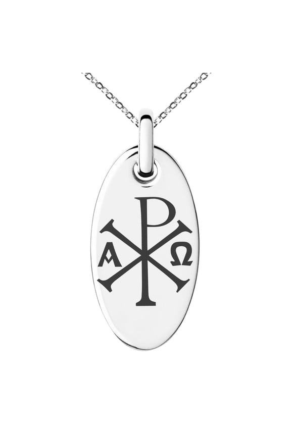 Stainless Steel Chi Rho Alpha Omega Symbol Engraved Small Oval Charm Adult Pendant Necklace