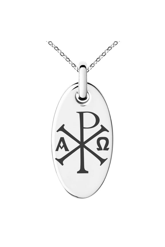 Stainless Steel Chi Rho Alpha Omega Symbol Engraved Small Oval Charm Pendant Necklace