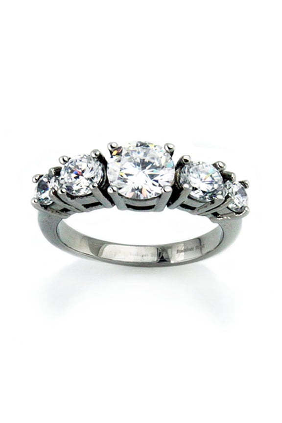 Stainless Steel Classic 5 Crown Cubic Zirconia Solitaire Promise Engagement Ring