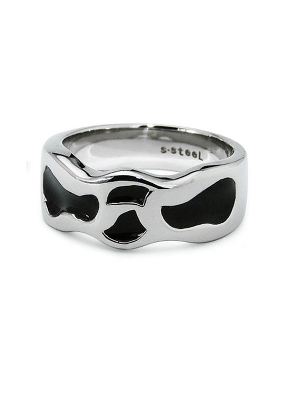 Stainless Steel Contemporary Black Enamel Onyx Biker Style Ring