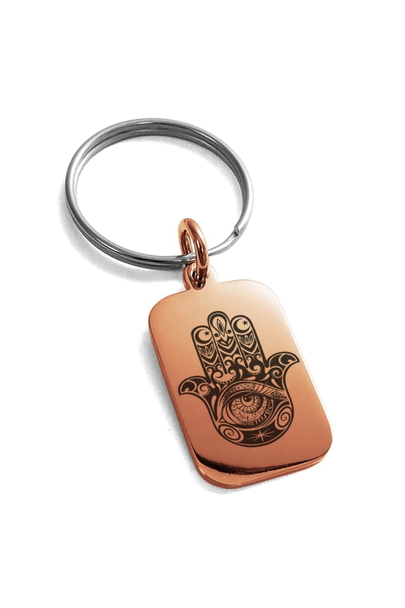 Stainless Steel Crescent Hamsa Hand of Fatima Engraved Small Rectangle Dog Tag Charm Keychain Keyring For Unisex 25mm.
