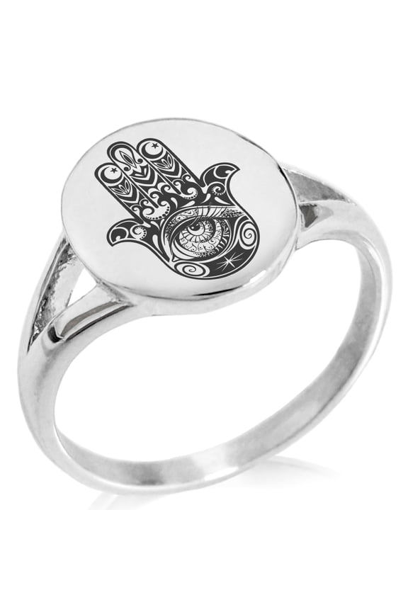Stainless Steel Crescent Hamsa Hand of Fatima Minimalist Oval Top Polished Statement Signet Ring