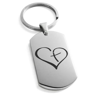 Tioneer Stainless Steel Cross My Heart Engraved Dog Tag Keychain Keyring