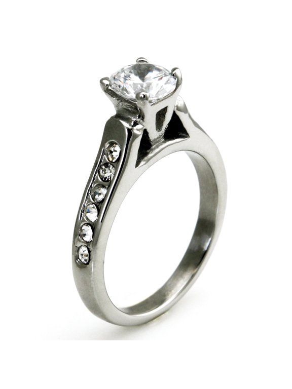 Stainless Steel Crown Cubic Zirconia Solitaire Promise Engagement Ring