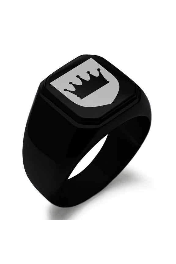 Stainless Steel Crown Royal Coat of Arms Shield Engraved Square Flat Top Biker Style Polished Signet Ring