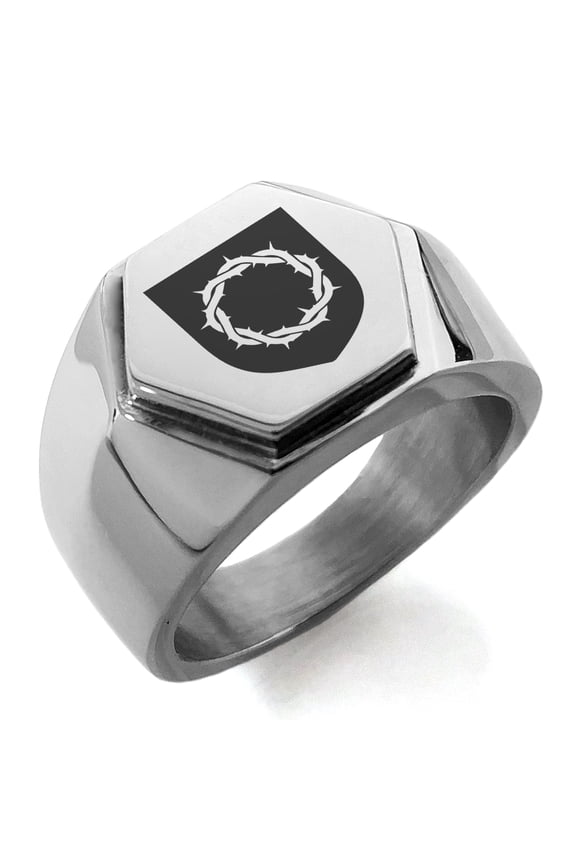 Stainless Steel Crown of Thorns Adversity Coat of Arms Shield Engraved Hexagon Crest Flat Top Biker Style Polished Ring