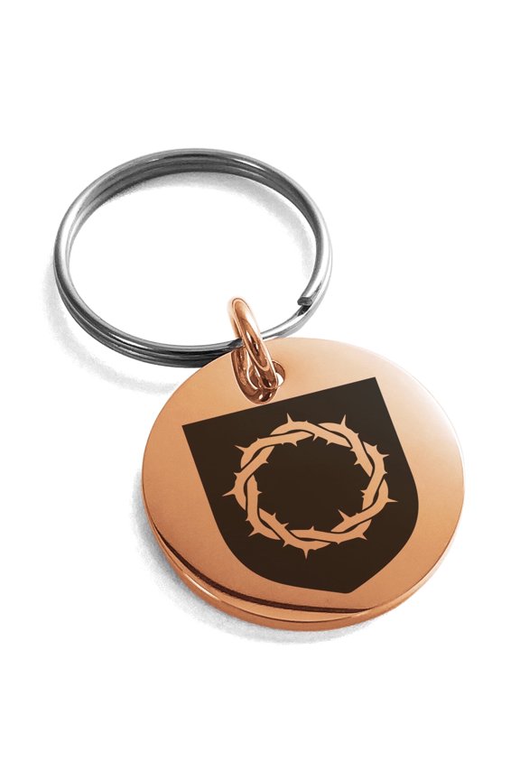 Stainless Steel Crown of Thorns Adversity Coat of Arms Shield Engraved Small Medallion Circle Charm Keychain Keyring