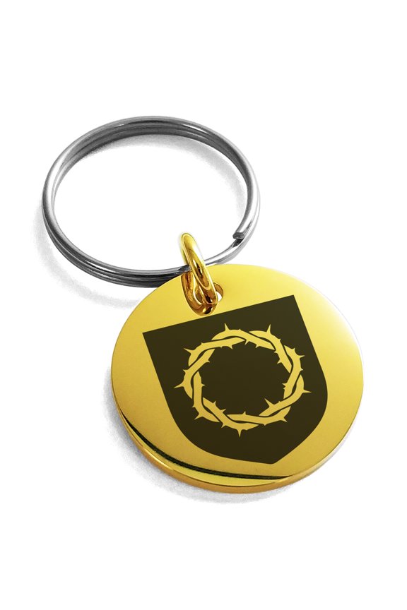 Stainless Steel Crown of Thorns Adversity Coat of Arms Shield Engraved Small Medallion Circle Charm Keychain Keyring
