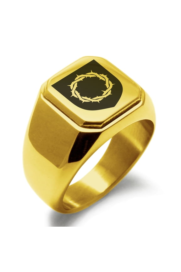 Stainless Steel Crown of Thorns Adversity Coat of Arms Shield Engraved Square Flat Top Biker Style Polished Signet Ring