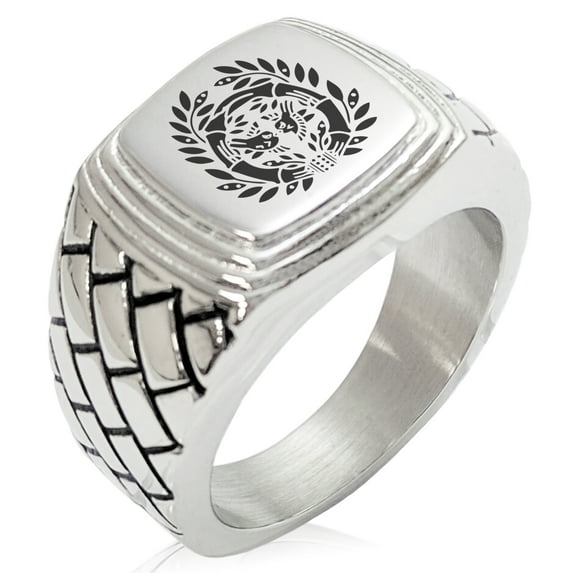 Tioneer Stainless Steel Date Masamune Samurai Crest Geometric Pattern Step-Down Biker Style Polished Ring