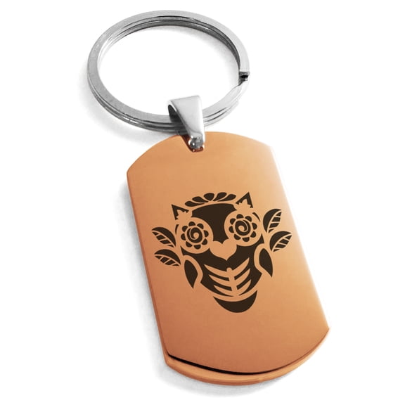 Tioneer Stainless Steel Day of the Dead Owl Engraved Dog Tag Keychain Keyring