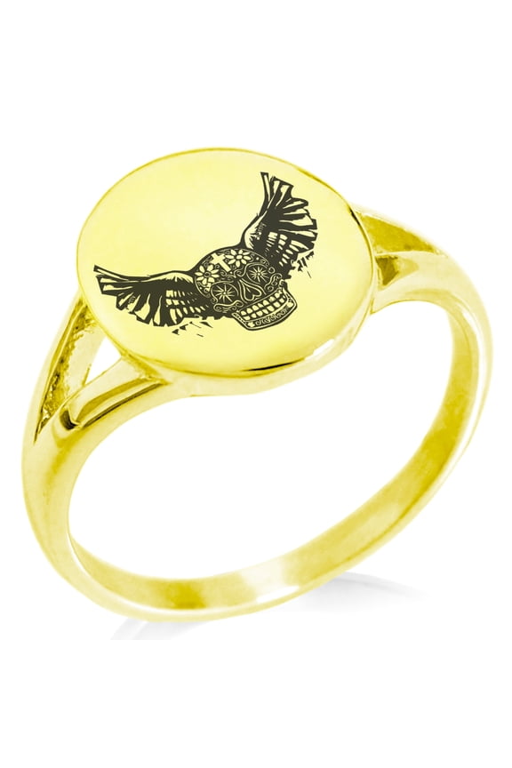 Stainless Steel Day of the Dead Winged Skull Minimalist Oval Top Polished Statement Signet Ring