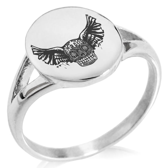 Tioneer Stainless Steel Day of the Dead Winged Skull Minimalist Oval Top Polished Statement Signet Ring