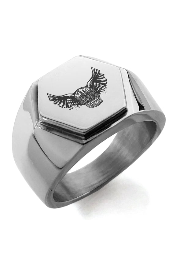 Stainless Steel Dead Winged Skull Engraved Hexagon Crest Flat Top Biker Style CZ Ring