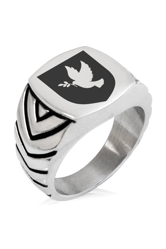 Stainless Steel Dove Peace Coat of Arms Shield Chevron Pattern Biker Style Polished Ring