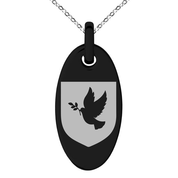 Tioneer Stainless Steel Dove Peace Coat of Arms Shield Engraved Small Oval Charm Pendant Necklace