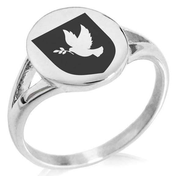 Tioneer Stainless Steel Dove Peace Coat of Arms Shield Minimalist Oval Top Polished Statement Signet Ring