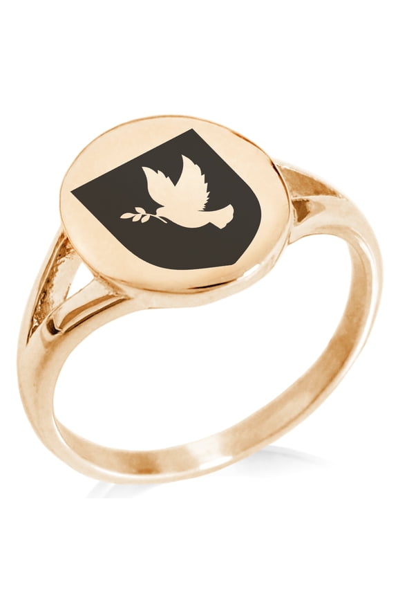 Stainless Steel Dove Peace Coat of Arms Shield Minimalist Oval Top Polished Statement Signet Ring