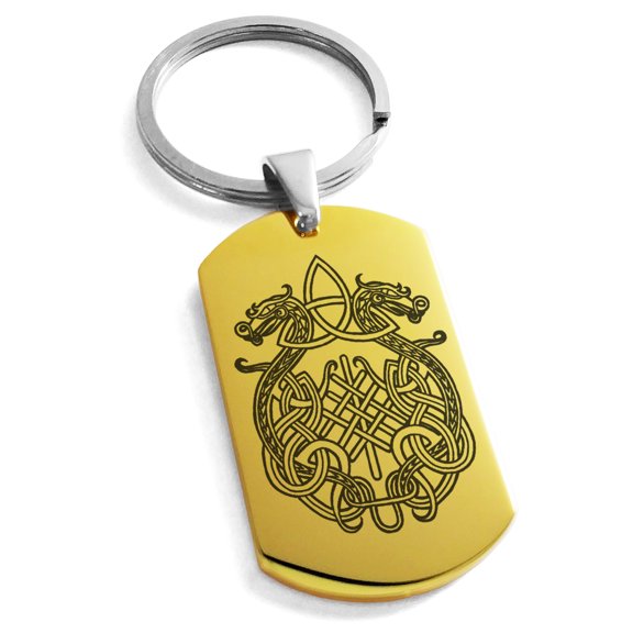 Tioneer Stainless Steel Dragon Knot Skuld's Net Viking Rune Engraved Dog Tag Keychain Keyring
