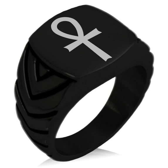 Tioneer Stainless Steel Egyptian Ankh Cross Chevron Pattern Biker Style Polished Ring