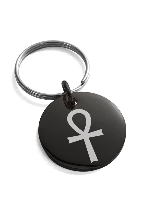 Stainless Steel Egyptian Ankh Cross Engraved Small Medallion Circle Charm Keychain Keyring