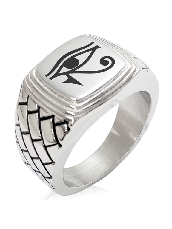 Stainless Steel Egyptian Eye of Horus Geometric Pattern Step-Down Biker Style Polished Ring