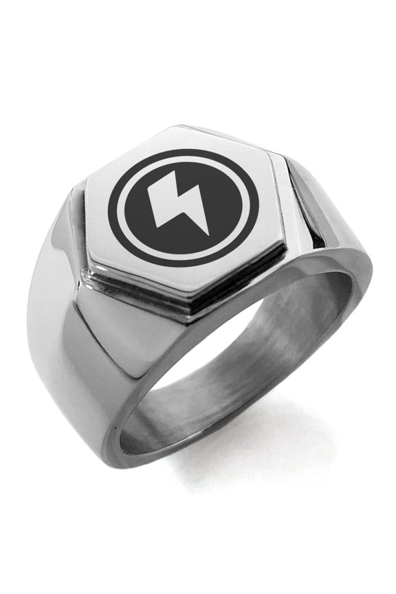 Stainless Steel Electric Element Rune Engraved Hexagon Crest Flat Top Biker Style Polished Ring