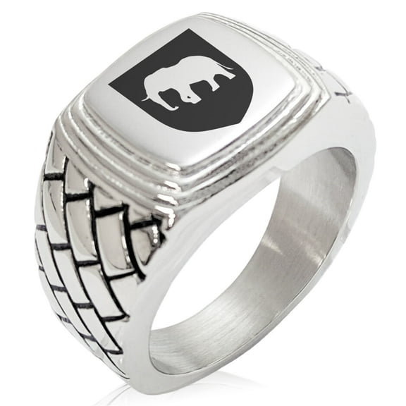 Tioneer Stainless Steel Elephant Strength Coat of Arms Shield Geometric Pattern Step-Down Biker Style Polished Ring