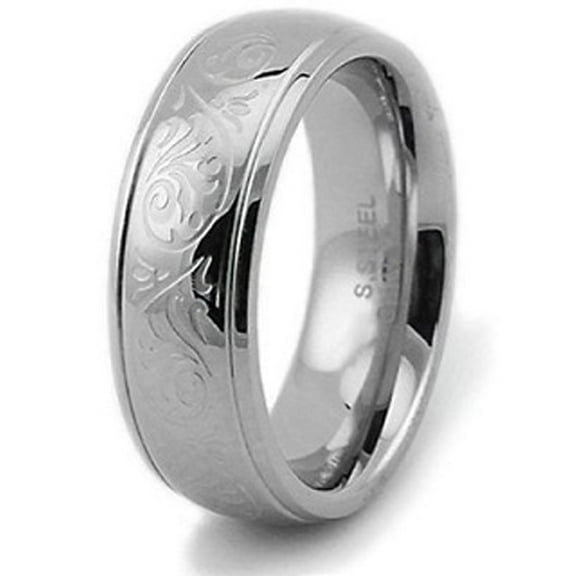 Tioneer Stainless Steel Embossed Filigree Floral Wedding Band Ring