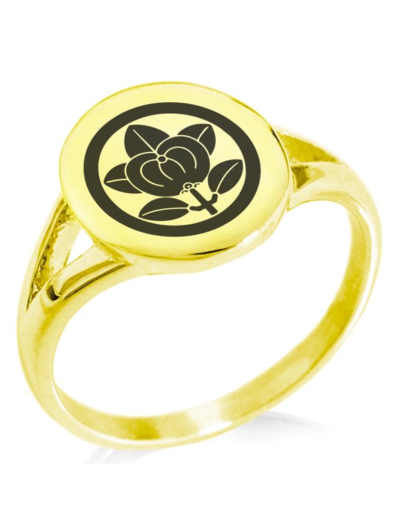 Stainless Steel Encircled Mandarin Kamon Crest Minimalist Oval Top Polished Statement Signet Ring