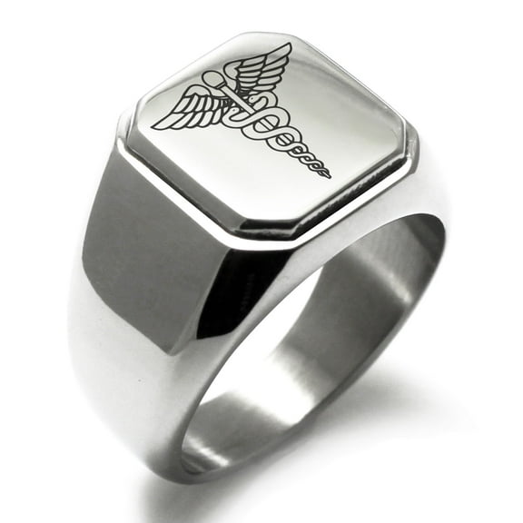 Tioneer Stainless Steel Engraved Square Flat Top Biker Style Polished Signet Ring