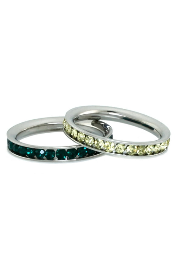 Stainless Steel Eternity 3 mm Citrine & Emerald Color Crystal Stackable Rings (2 pieces) Set
