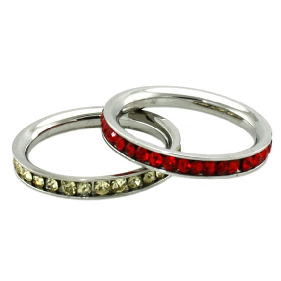 Tioneer Stainless Steel Eternity 3 mm Ruby & Citrine Color Crystal Stackable Rings (2 pieces) Set
