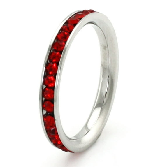 Tioneer Stainless Steel Eternity 3 mm Ruby Color Crystal Stackable Ring