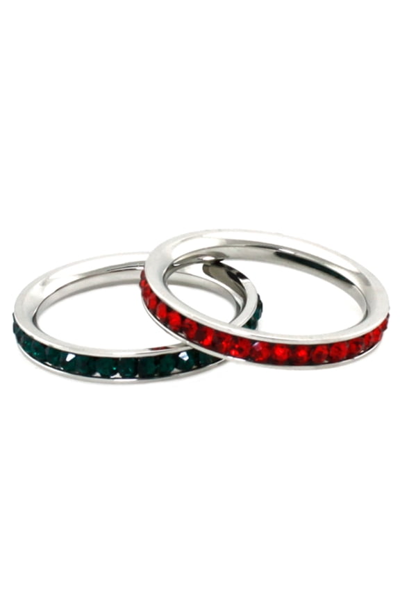 Stainless Steel Eternity 3 mm Ruby & Emerald Color Crystal Stackable Rings (2 pieces) Set