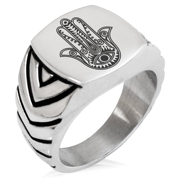 Tioneer Stainless Steel Evil Eye Hamsa Hand of Fatima Chevron Pattern Biker CZ Style Polished Ring