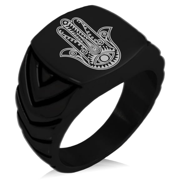 Tioneer Stainless Steel Evil Eye Hamsa Hand of Fatima Chevron Pattern Biker Style Polished Ring