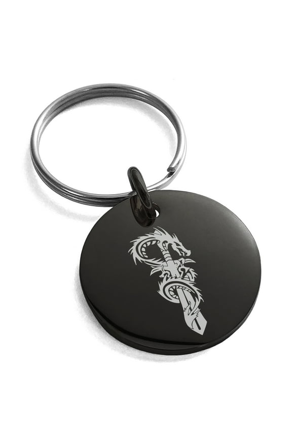 Stainless Steel Exalted Dragon Blade Engraved Small Medallion Circle Charm Keychain Keyring