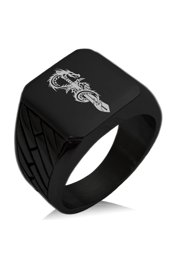 Stainless Steel Exalted Dragon Blade Geometric Pattern Biker Style Polished Ring