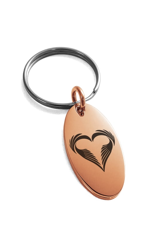 Stainless Steel Feather Heart Engraved Small Oval Charm Keychain Keyring Premier